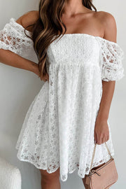 White Floral Lace Puff Sleeve Empire Waist Mini Dress - Fashion Queen - 1
